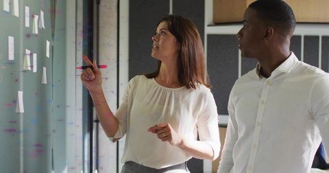 Colleagues Collaborating in Office with Sticky Notes