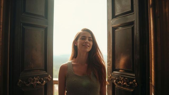 Backlit woman standing in ornate carved double doors opening to balcony with golden-hour rimlight