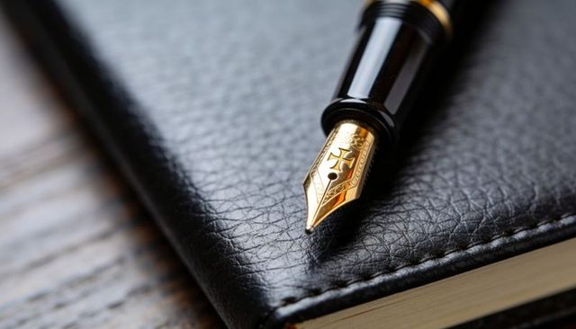 Gold-nib fountain pen resting on black leather notebook macro close-up of craftsmanship