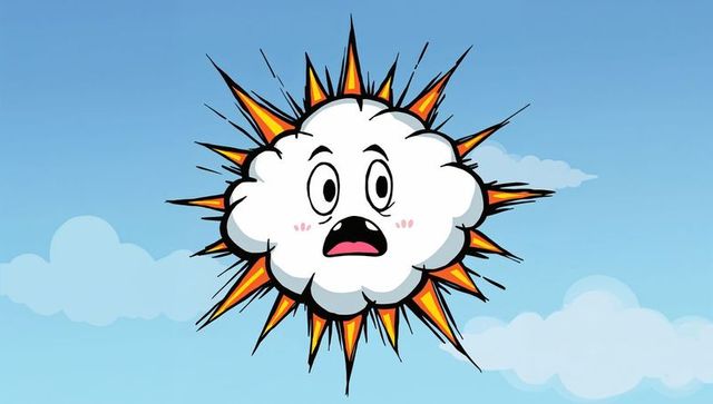 Floating surprised cloud bursting with sun rays in bright blue sky cartoon