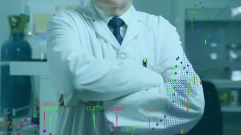 Scientist in Lab Coat with Digital Data Visualizations for Research Analysis