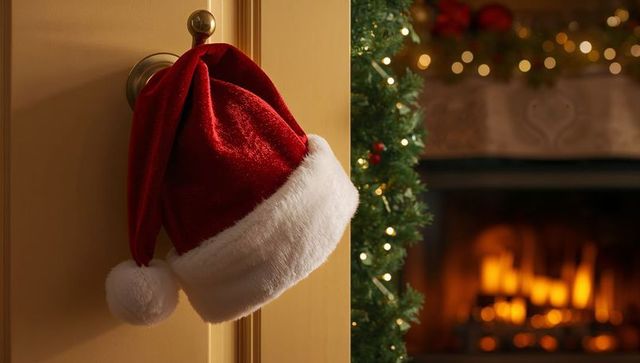 Santa Hat Hanging on Brass Doorknob with Evergreen Garland and Cozy Fireplace Glow