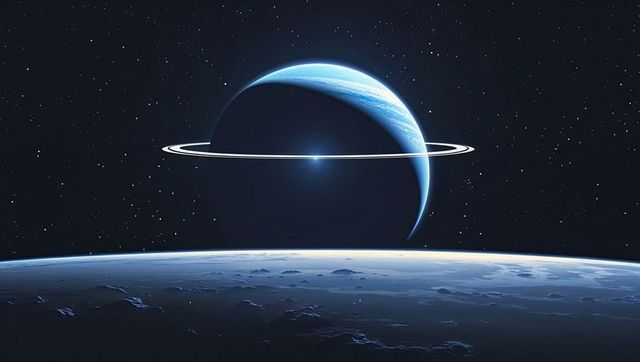 Mystical ringed gas giant above alien surface