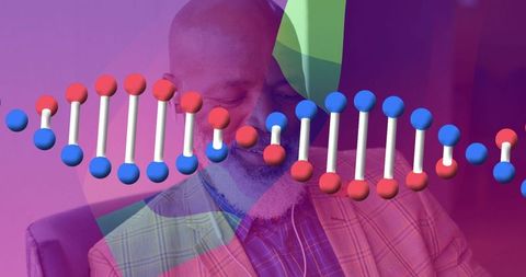 Senior Man Contemplating with Scientific Double-Helix Overlay