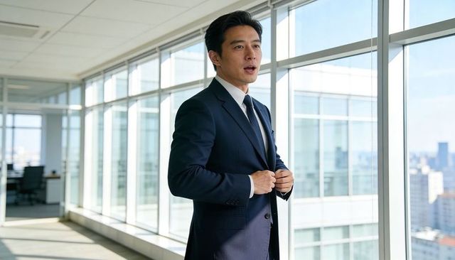 Asian businessman in navy suit adjusting jacket by floor-to-ceiling office windows