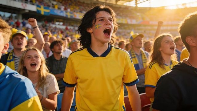 Young swedish football fans cheering loudly in stadium at sunset with face paint and flags