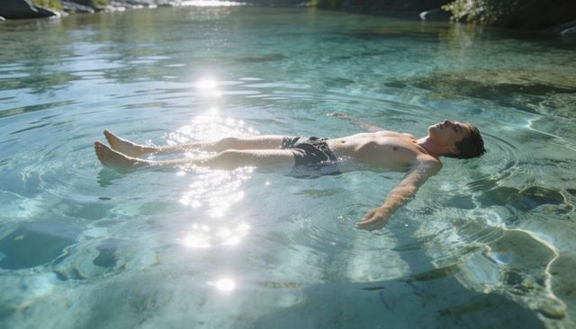 Teenager floating on back in crystal clear mountain pool with sun reflection and ripples
