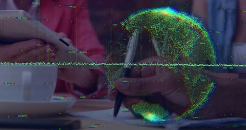 Collaborative Office Meeting with Digital World Concept Overlay