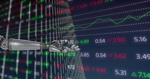 Robotic hand reaching toward stock market graphs representing ai algorithmic trading