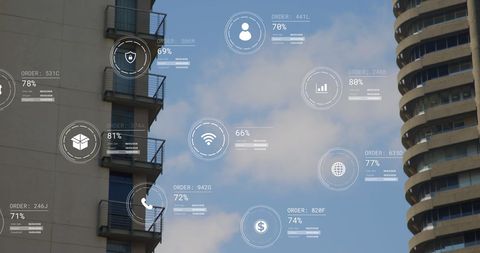 Digital data icons overlay on city office buildings
