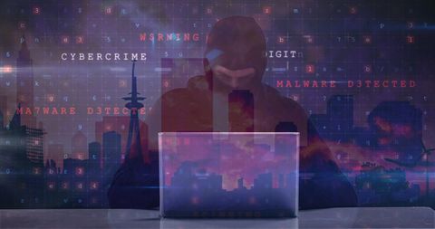 Hacker Silhouette Over Digital Cityscape with Cyber Warnings - Download Free Stock Images Pikwizard.com