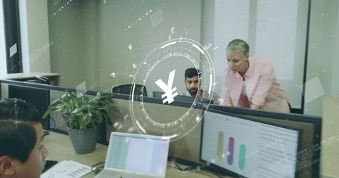 Consultant Leads Collaborative Team in Modern Office with Data Overlay