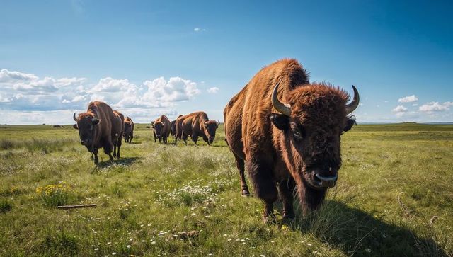 Herd of american bison walking across sunlit prairie showing shaggy coats and curved horns