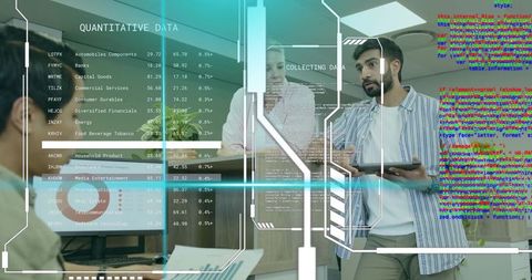 Team Analyzing Data in High-Tech Conference Room with Digital Interface