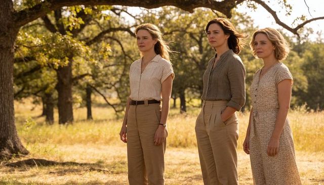 Three women standing in golden meadow wearing vintage neutrals during golden hour