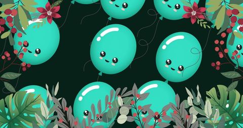 Cute blue balloons with floral accents on dark background