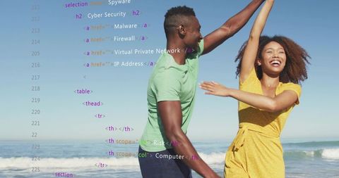 Joyful Couple Dancing with Tech Vibes at Beach