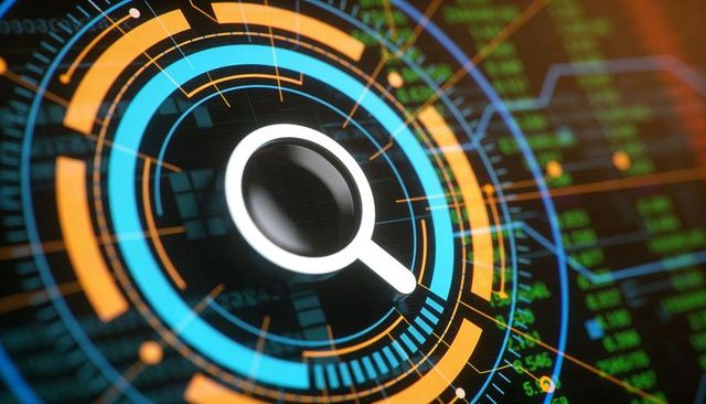 Pulsing Magnifier HUD with Neon Blue and Orange Rings for Digital Search and Cybersecurity