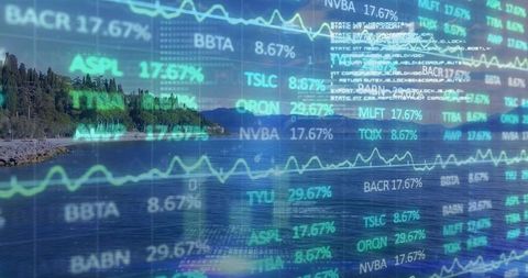Overlaying financial data and stock tickers on coastal seascape reflecting on water