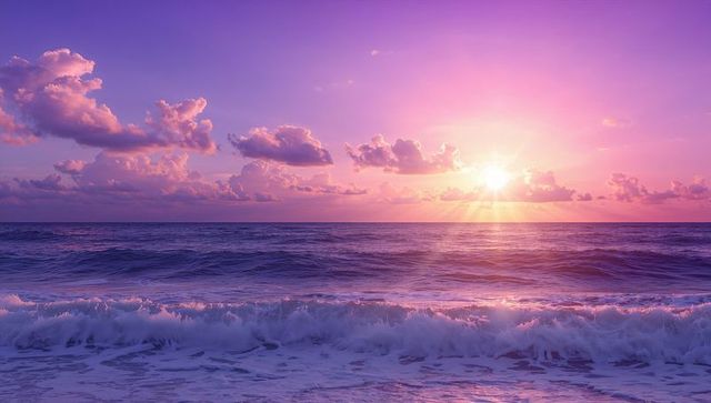 Serene oceanfront sunrise with pastel clouds and gentle waves