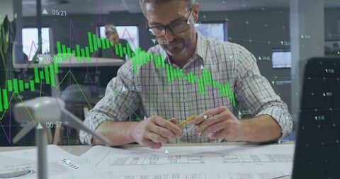 Architect Analyzing Blueprint with Digital Graph Overlay - Download Free Stock Images Pikwizard.com