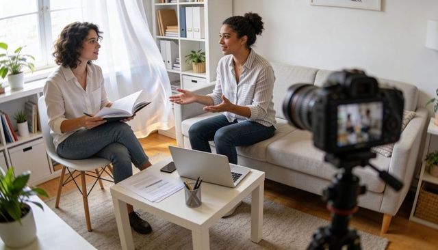 Two women recording interview in home studio discussing notes and collaborating for content