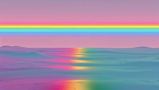 Neon rainbow bands illuminate tranquil sea