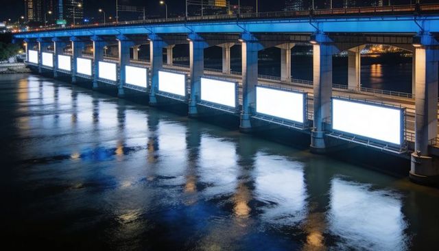 Nighttime urban bridge displaying illuminated billboard panels with river reflections