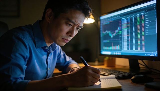 Asian man analyzing stock charts and taking notes at home desk late night