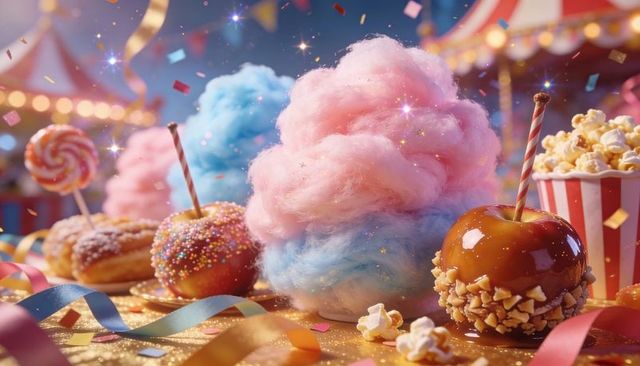 Sparkling cotton candy clouds with caramel apple, sprinkled donuts and popcorn carnival treats