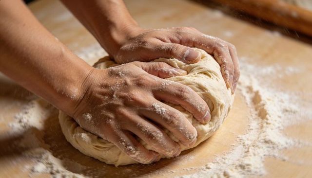 Hands Kneading Dough on Wooden Counter with Flour and Rolling Pin for Artisan Baking