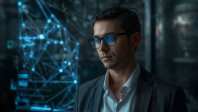 Man analyzing holographic network visualization in dark data lab with glasses