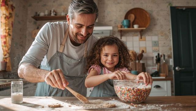 Father and daughter baking cookies together in cozy kitchen, mixing sprinkles and dough