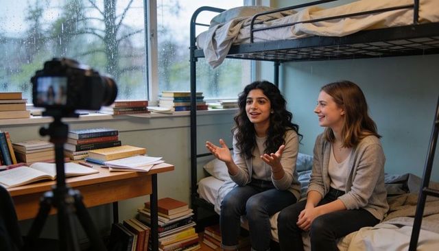 College roommates filming cozy rainy day vlog from dorm bunk while talking, smiling and sharing