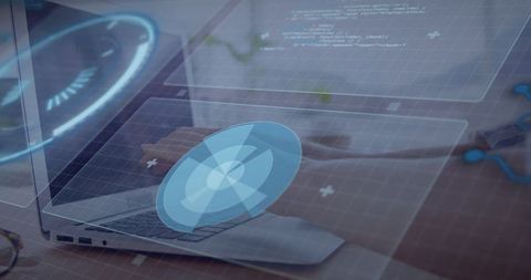 Futuristic holographic interface on laptop with typing hands