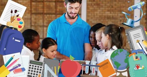 Teacher guiding diverse elementary students using tablet for hands-on classroom learning
