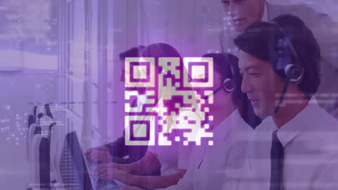 Business Team with Digital QR Code Overlay in Modern Office