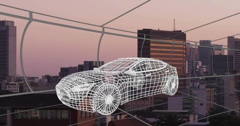 Floating futuristic wireframe sedan above urban rooftop at dusk with curved grid and skyline