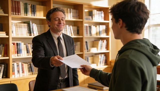 Teacher returning graded paper to student in sunlit school library office