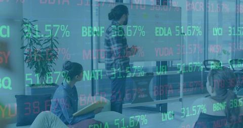 Team Presenting Financial Data in Modern Office Lounge with Stock Ticker Overlay