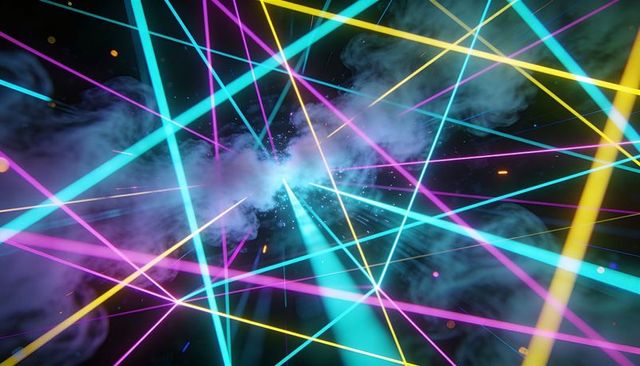 Crossing neon laser beams with vivid cyan magenta yellow glow, smoke and sparks
