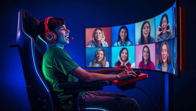 Teenager gaming in high-tech setup chatting with friends online