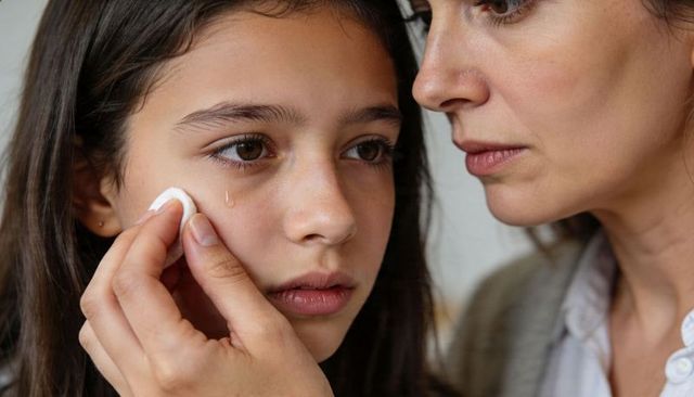 Mother comforting tearful daughter with cotton pad closeup caring parenting emotion
