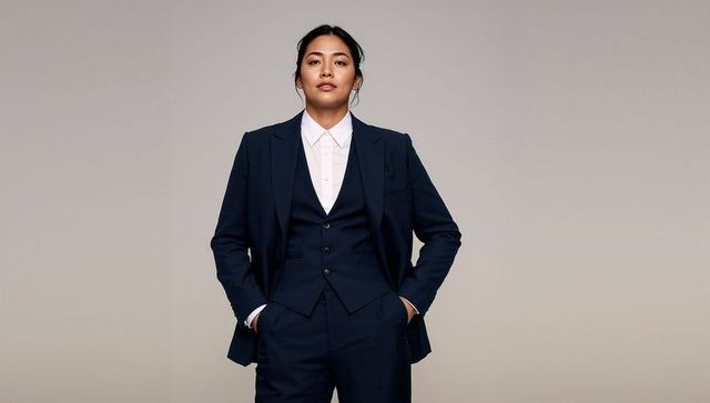 Standing professional woman wearing navy suit and white shirt executive portrait