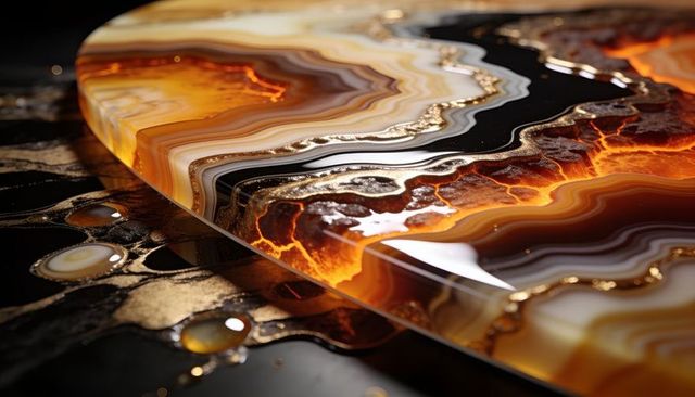 Glowing polished banded agate slice with amber and black bands and gilded veins, macro