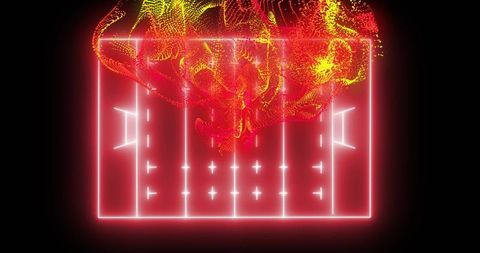 Glowing neon grid pulse with dynamic red-yellow particle mesh in futuristic void