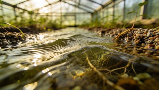 Greenhouse stream flowing over pebbles with exposed roots and seedlings in golden light