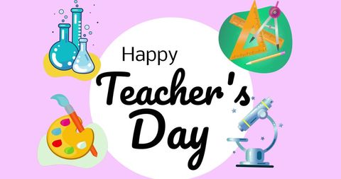 Happy teacher's day text with school items on pink background