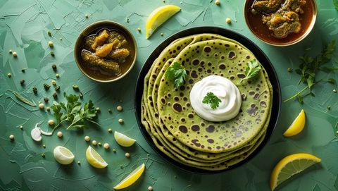 Fresh Green Flatbreads with Yogurt and Herbs on Rustic Counter