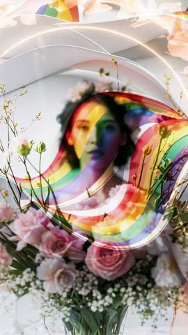 Vertical video: Rainbow arcs revealing woman's face through glass vase with roses and florals
